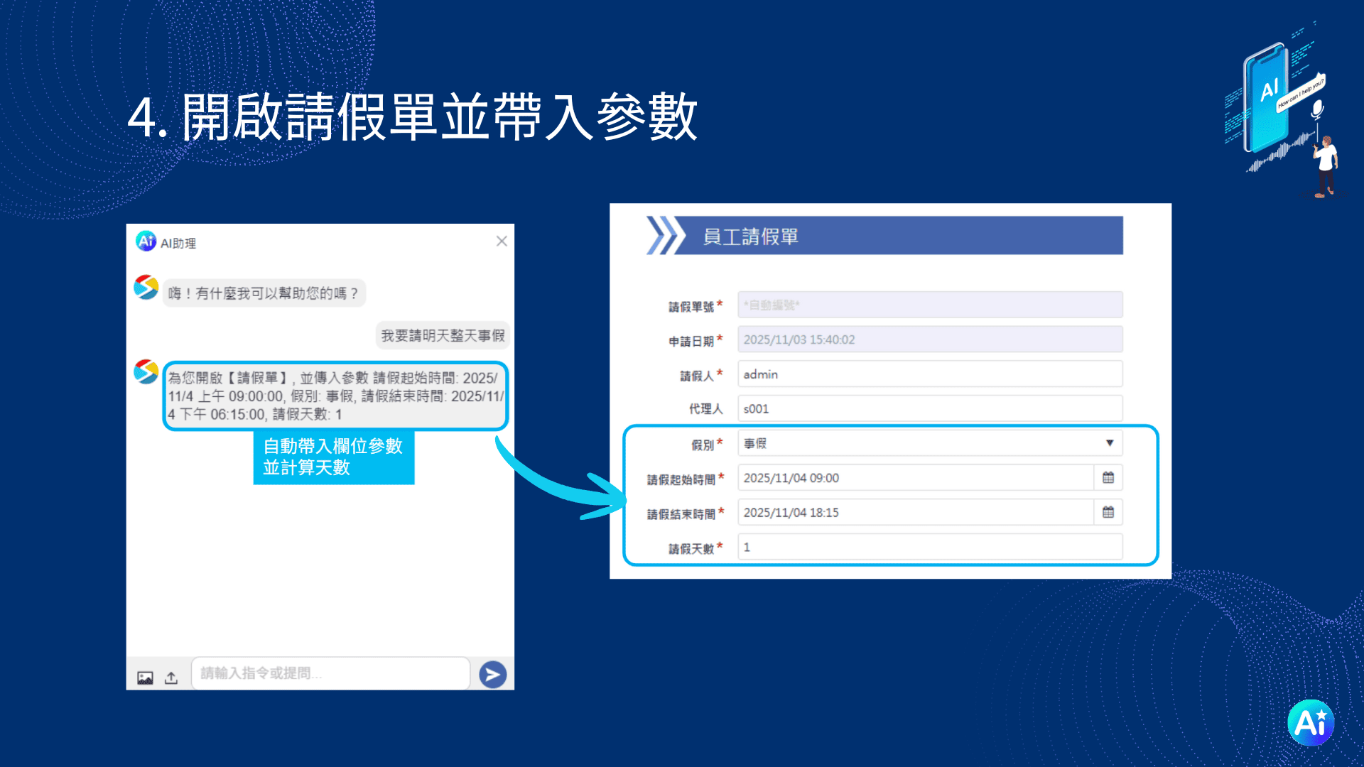 範例四、開啟請假單(Input)並自動帶入欄位