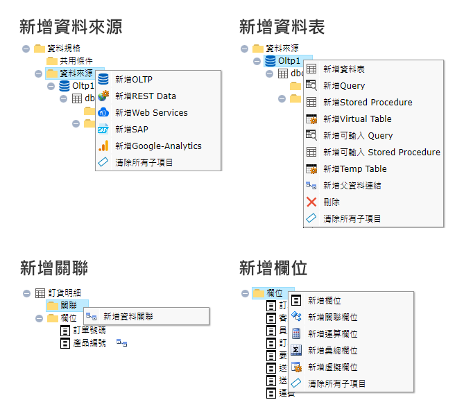 新增資料來源、資料表、關聯、欄位